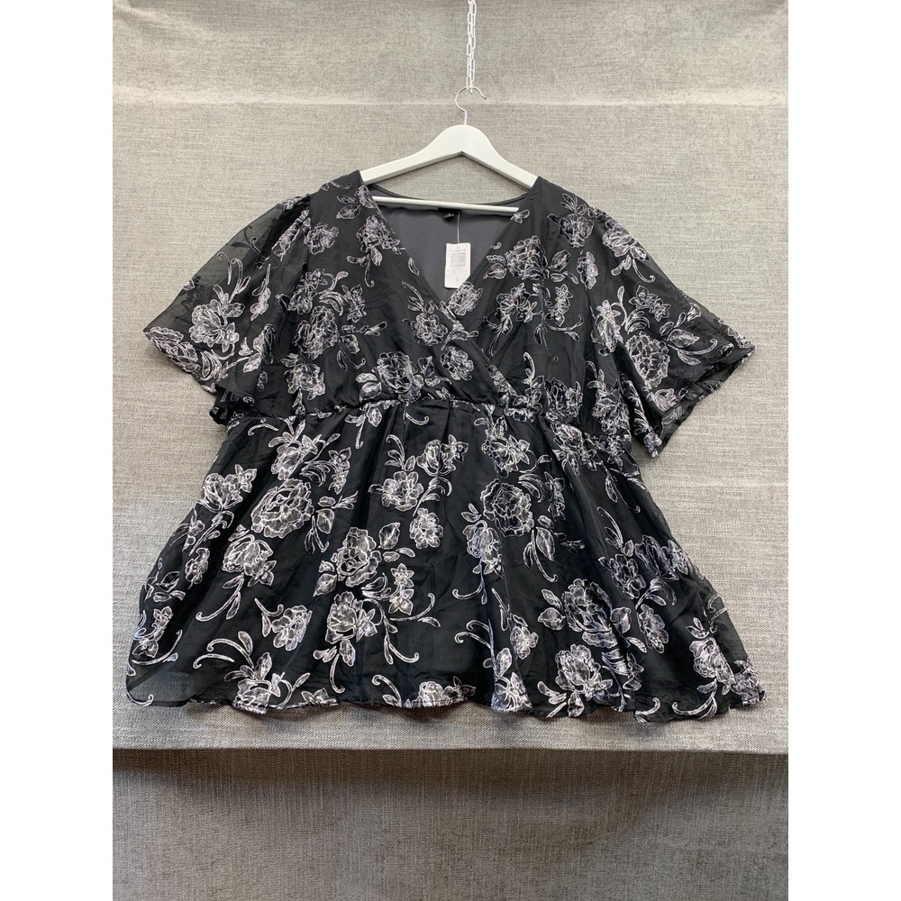 Torrid Peplum Velvet Burnout Blouse Top Women 4 Black Floral Surplice Neck Lined